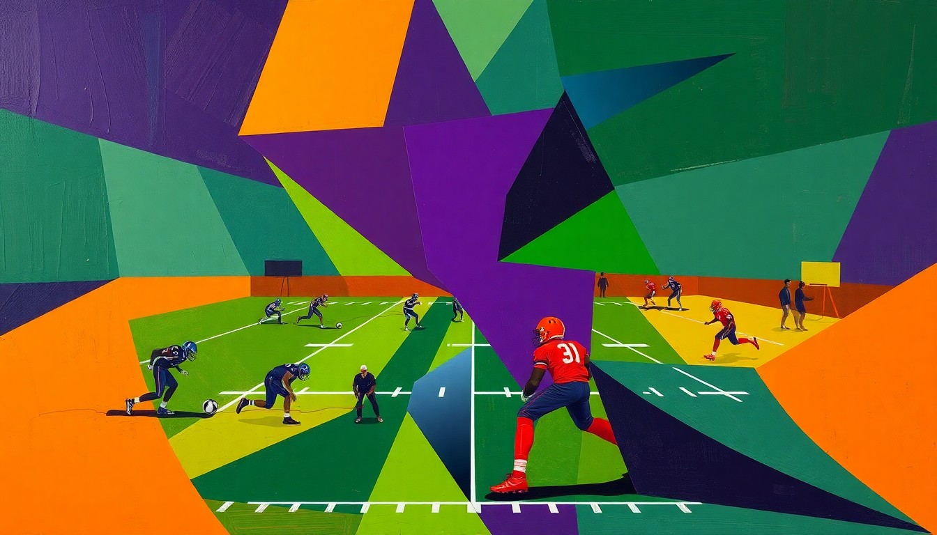 A cubist-style painting depicting a fragmented, geometric interpretation of a football practice, with sharp planes of color representing the energy and intensity of the team's work to rebuild under a new coach.