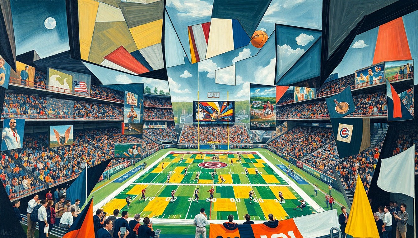 A fragmented, geometric painting depicting a college football game or match, with sharp, overlapping planes of color and form representing the complex dynamics at play.