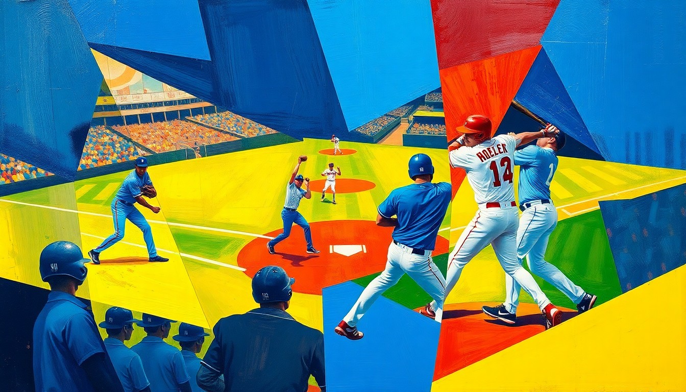 A dynamic, abstract painting featuring overlapping geometric shapes and planes in a vibrant color palette, conceptually representing the high-stakes competition and financial power of Major League Baseball.
