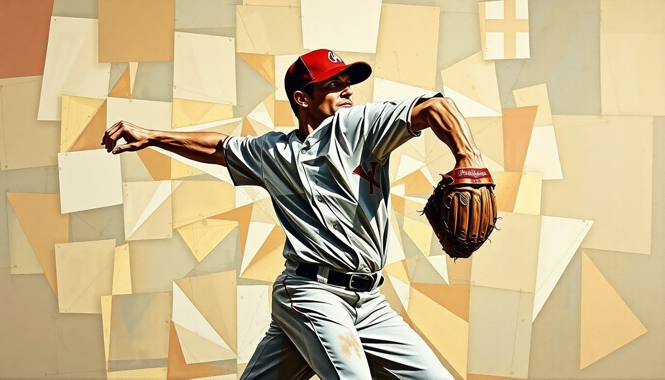 A cubist-style painting depicting a baseball pitcher's throwing motion broken down into sharp, overlapping geometric shapes in a variety of colors, conveying the complexity and fragility of the sport.