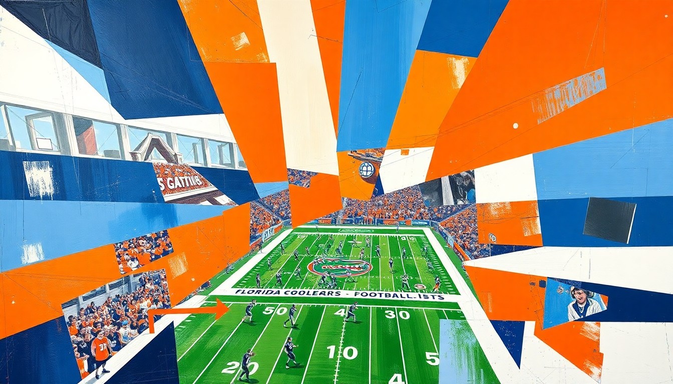 A fragmented, geometric painting depicting overlapping shapes and planes in the colors of the Florida Gators, representing the core group of experienced players who are returning to anchor the team's revival.