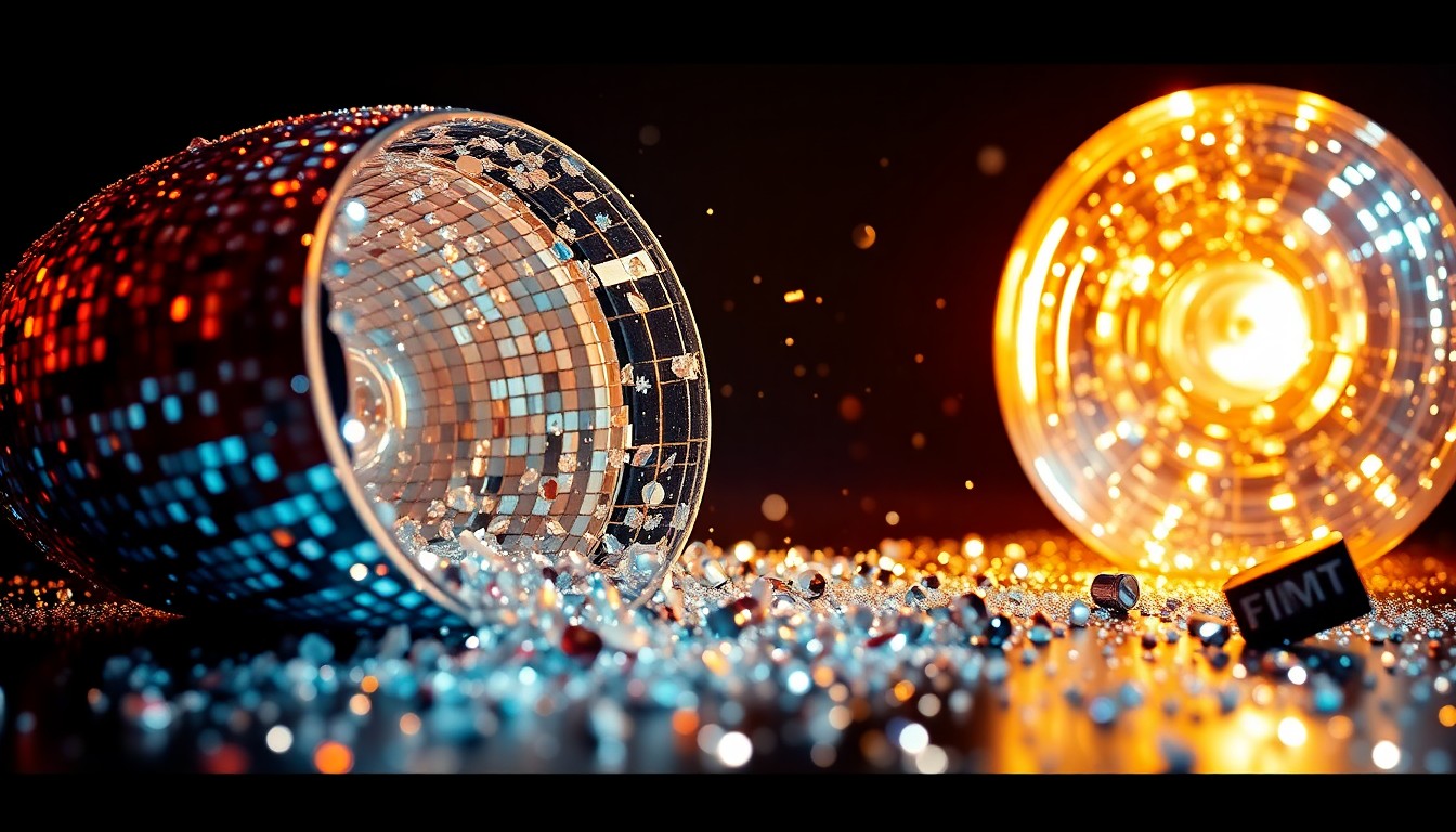 An abstract close-up image of luxurious, high-contrast textures like glittering sequins and shattered glass, conceptually representing the glamour and high-stakes of the film industry.