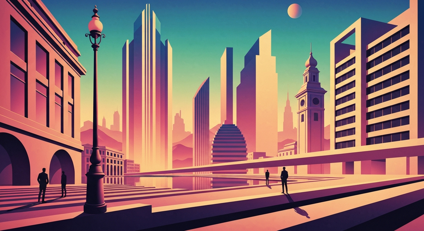 A highly stylized, geometric illustration depicting a sweeping landscape with towering, streamlined architectural forms in shades of green, blue, and gold, conveying the grand scale and romantic nature of eco-friendly travel destinations.