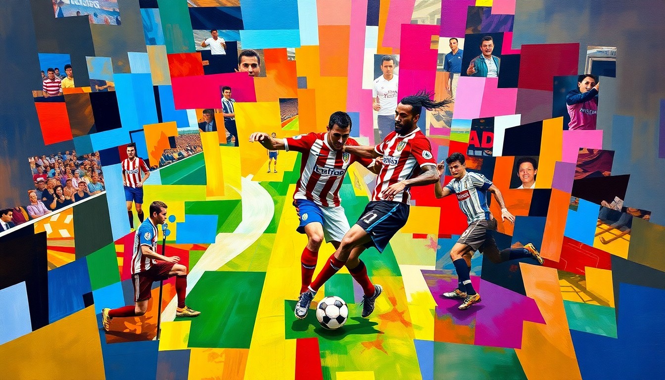 A cubist, geometric painting depicting a soccer player in motion, with sharp, overlapping planes of color representing the official team colors of Atletico Madrid and Orlando City, conceptually illustrating the transition of a star player from one league to another.