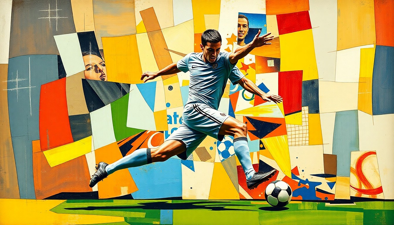 A cubist-style painting depicting a soccer player's movements broken down into overlapping geometric shapes and planes, conceptually representing the challenges of developing young players with high potential.