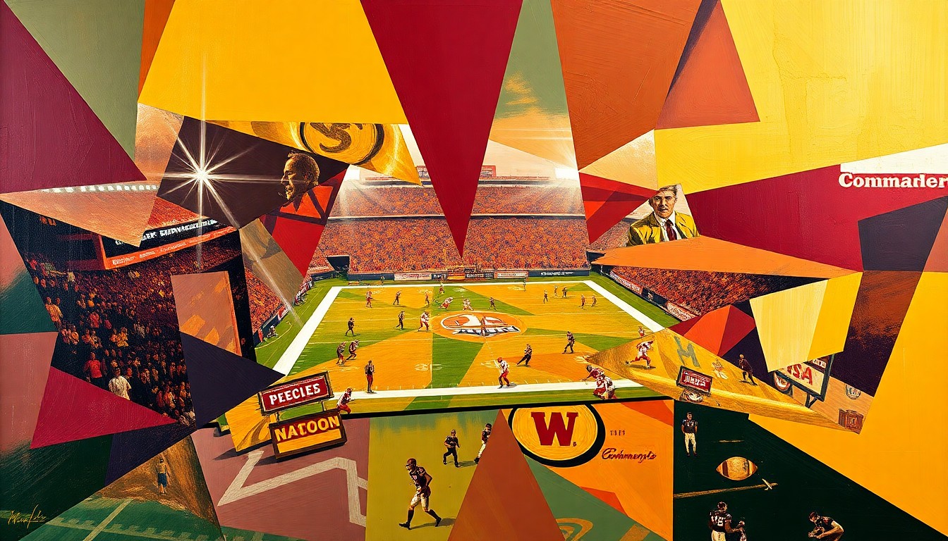 A cubist, geometric painting depicting a fragmented Washington Commanders football game, with sharp, overlapping planes of burgundy and gold colors capturing the dynamic energy of the sport.