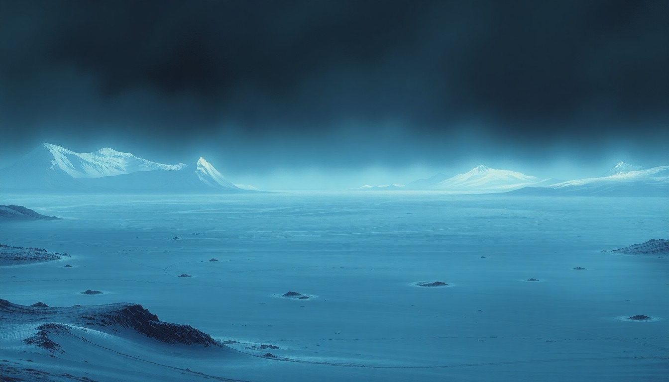 A vast, frozen landscape painting in muted tones of blue and gray, with a distant horizon line and a sense of overwhelming scale, conveying the harsh, unforgiving nature of the extreme cold weather conditions.