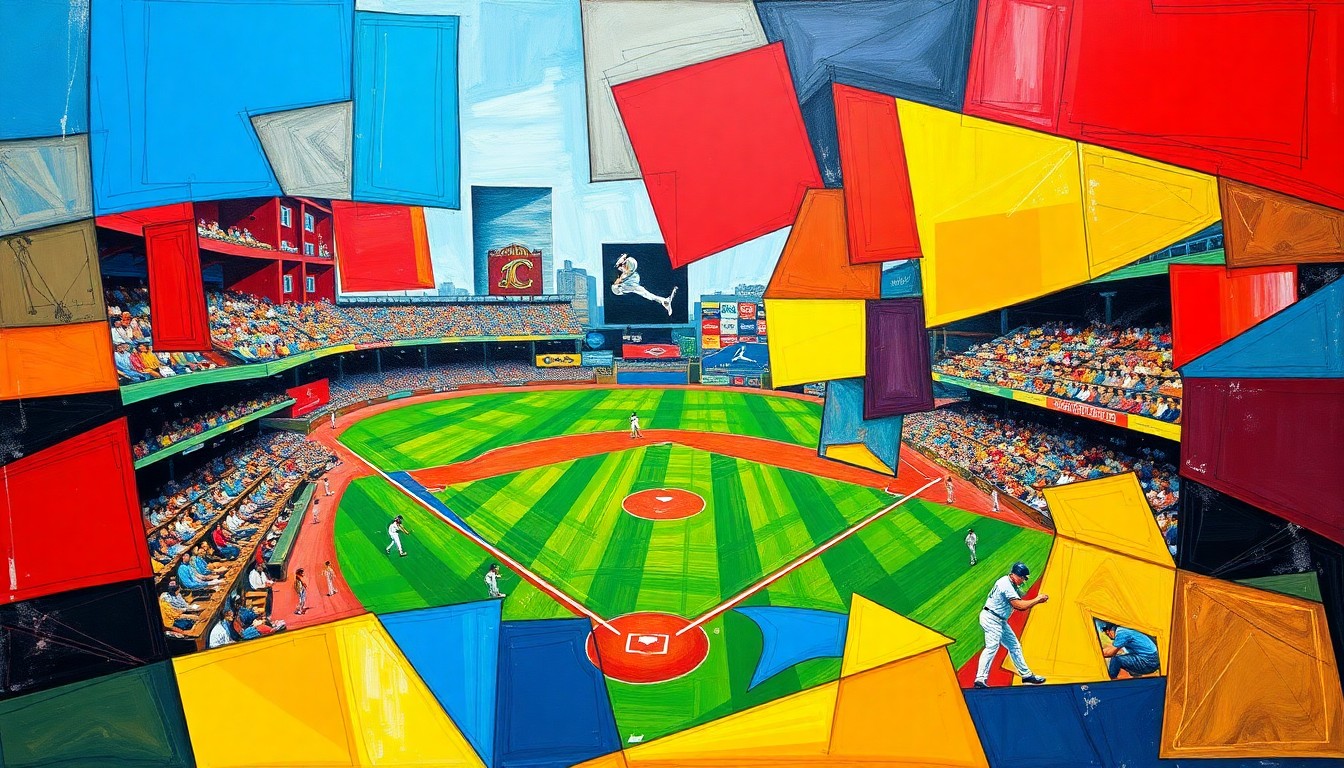 A fragmented, geometric painting depicting a baseball player in motion, with sharp planes of color and overlapping perspectives conveying the excitement and unpredictability of the sport.