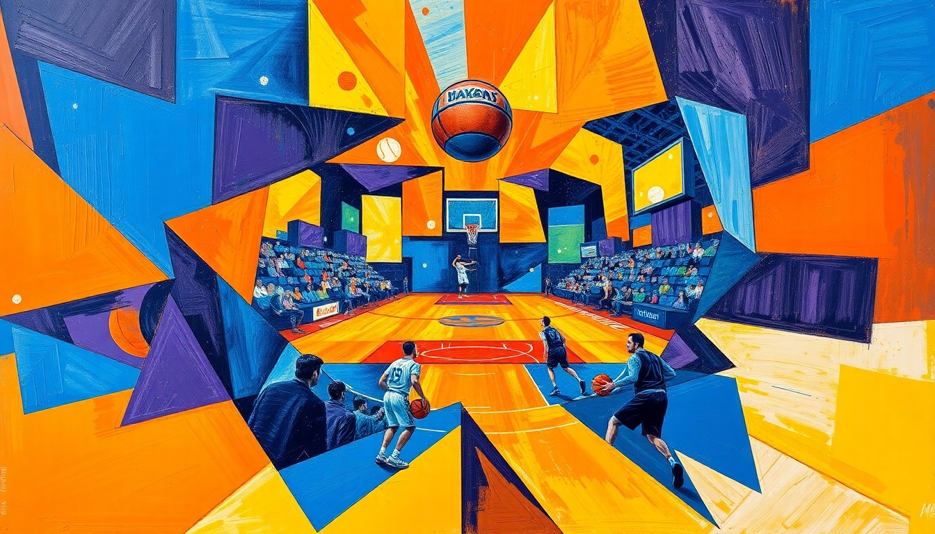 A cubist-style painting depicting a basketball game broken down into sharp, overlapping geometric planes in vibrant colors, creating a dynamic and abstract visual representation of the sport.