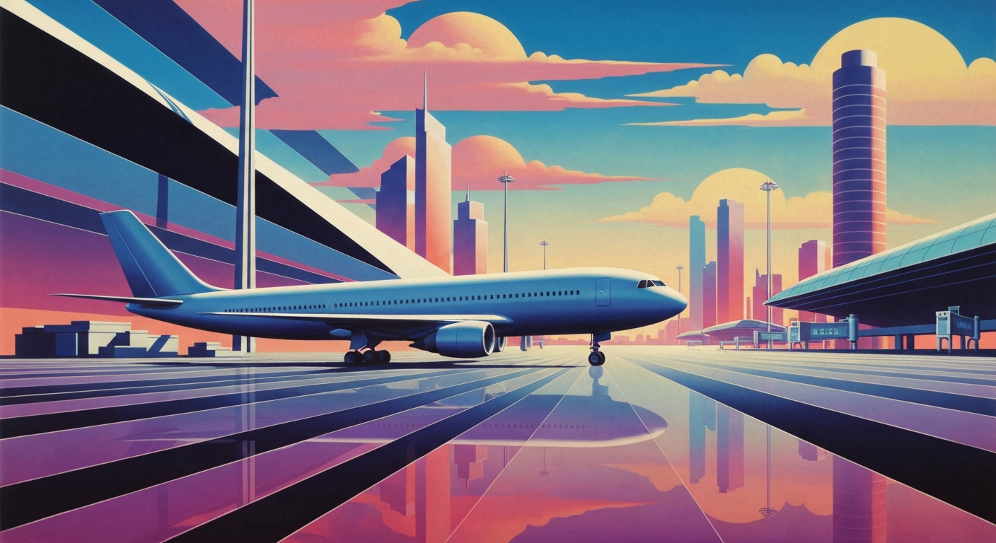 A highly stylized, geometric illustration depicting the grand scale and streamlined forms of an airport terminal or cityscape, conveying the conceptual idea of increased international air travel and connectivity.