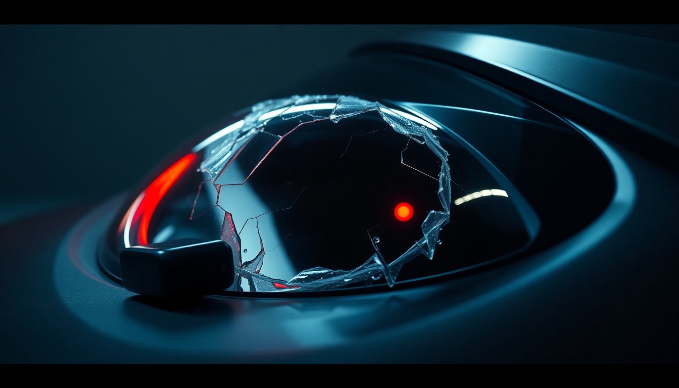 An extreme close-up of a shattered car sensor lens reflecting a faint red light, conceptually illustrating the vandalism of self-driving cars.