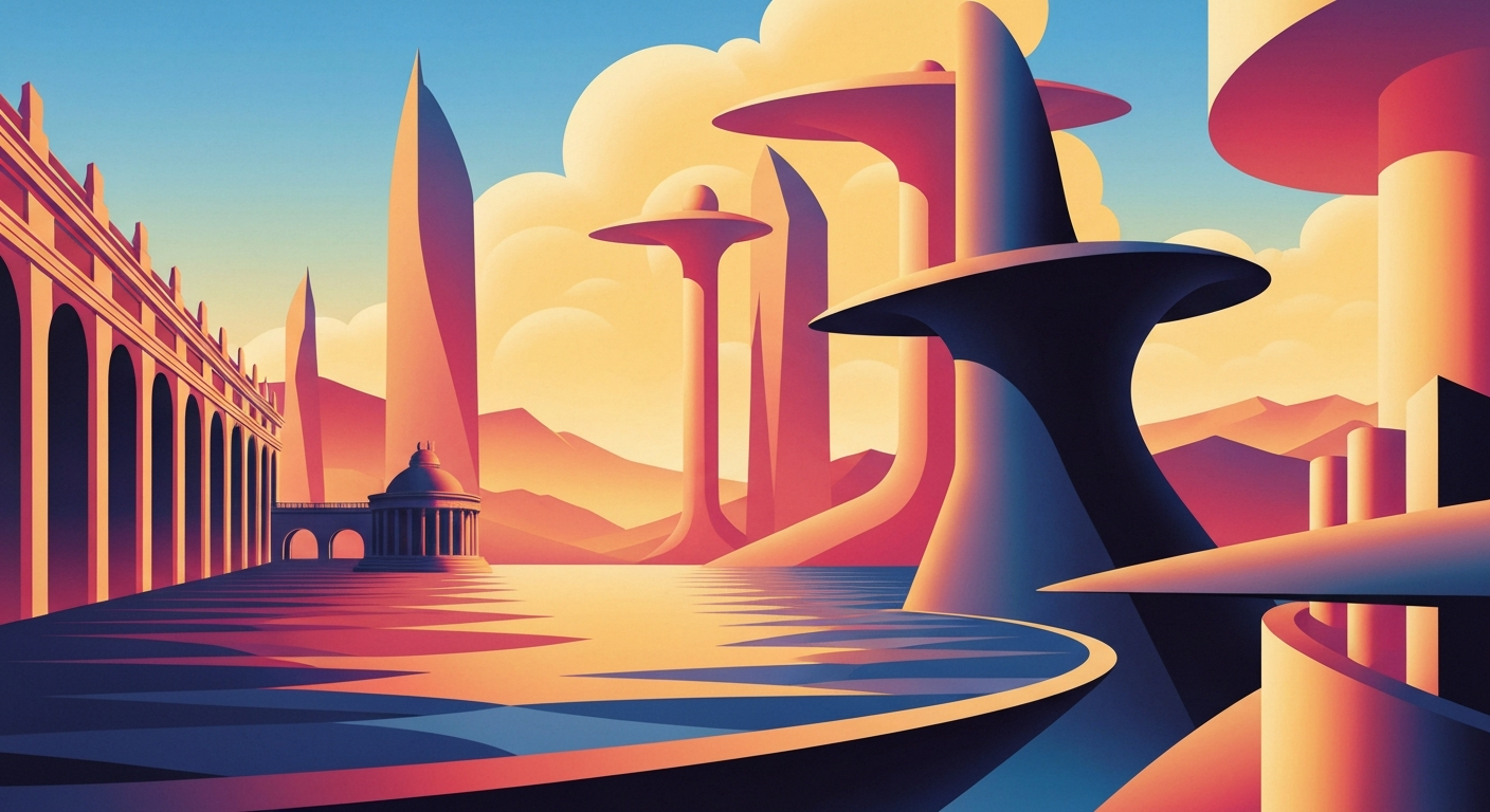 A highly stylized, geometric illustration depicting a sweeping, forced perspective of a railway line cutting through a mountainous landscape, conveying the grand scale and potential impact of the Borders Railway extension project.