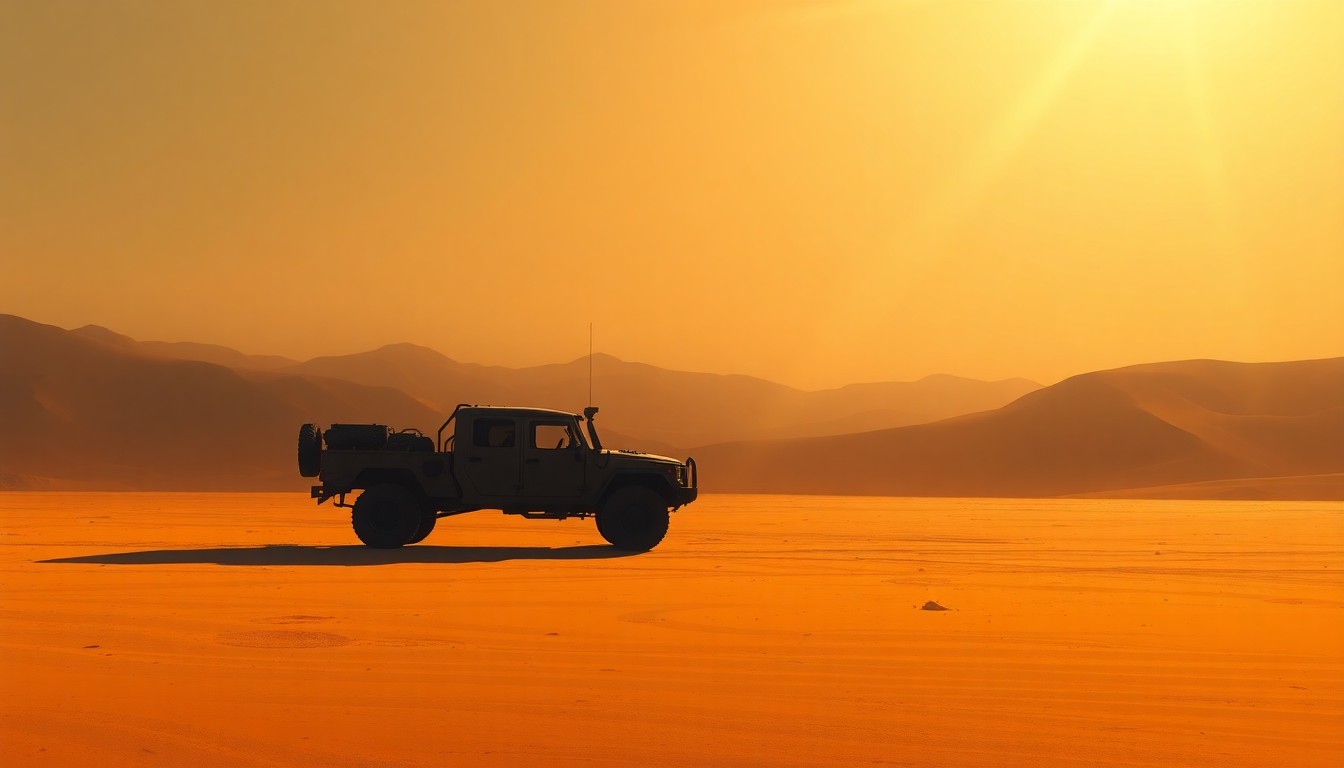 A serene, cinematic painting of a military vehicle alone in a desert landscape, with warm sunlight casting deep shadows, conveying a sense of solitude and the heavy weight of wartime sacrifice.