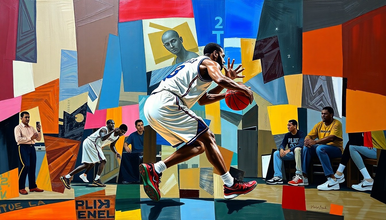 A cubist-style painting depicting a basketball player's defensive hustle and effort, with sharp, overlapping geometric shapes and planes representing the various elements of their game.