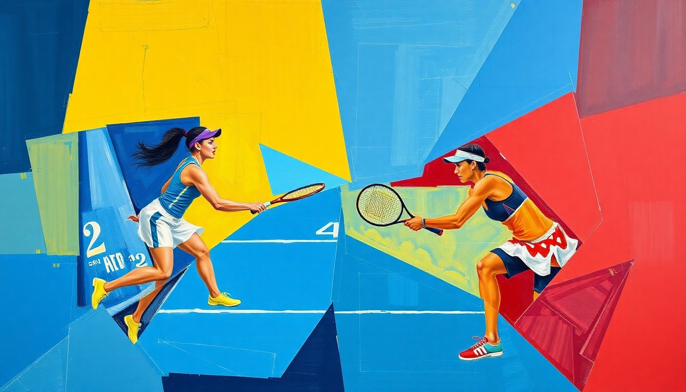 A cubist-style painting depicting a tennis match, with the players and court broken down into sharp, overlapping geometric shapes in vibrant colors, capturing the dynamic energy and tension of the game.