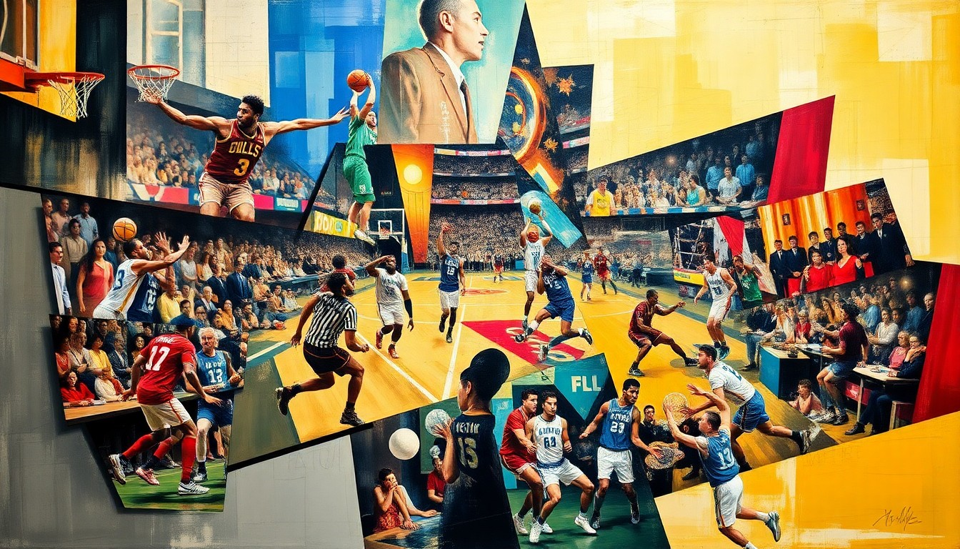 A cubist-style painting featuring overlapping geometric shapes and planes in various sports-related colors, conceptually representing the multifaceted factors influencing the current state of professional athletics.