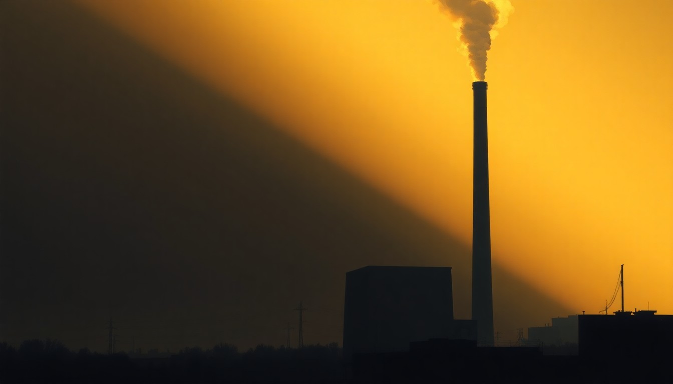A serene, photorealistic painting of a lone coal power plant smokestack rising into a hazy sky, the structure bathed in warm, dramatic lighting that casts long shadows, conveying a sense of both industry and solitude.