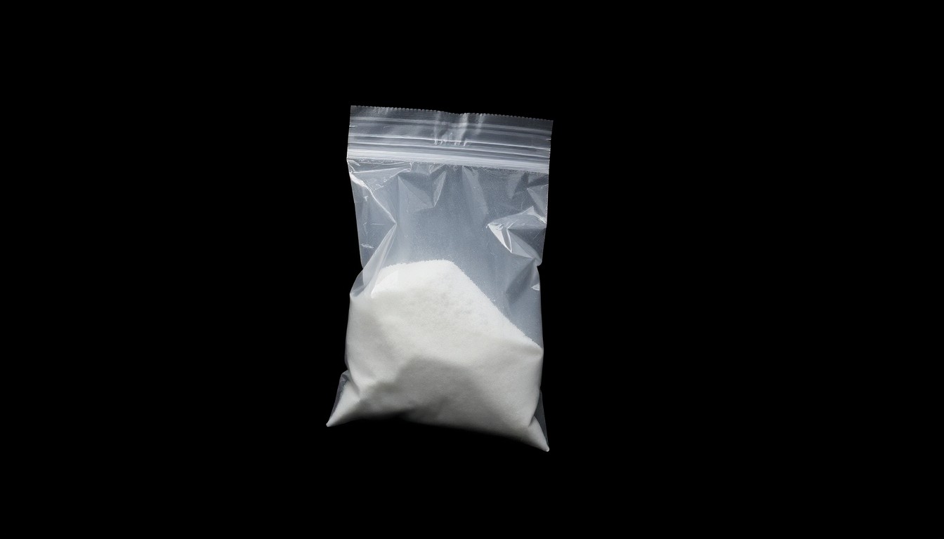 An extreme close-up of a small plastic bag containing a white crystalline powder, lit by a harsh, direct camera flash against a pitch-black background, conceptually illustrating the drug-related evidence found in the Spring Valley child abuse case.
