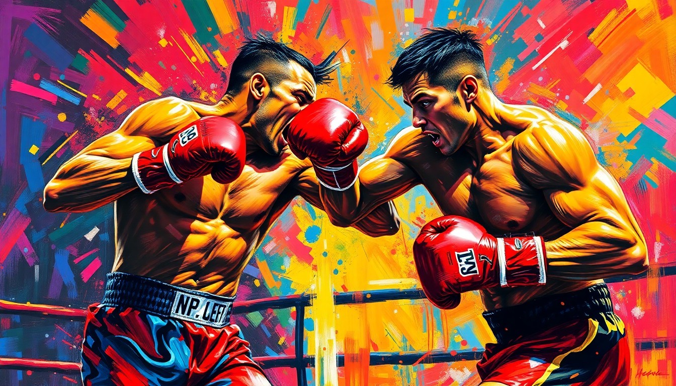 An abstract, expressionist painting in neon colors depicting the intense, dynamic movements of a boxer during a match, capturing the raw energy and power of the sport.