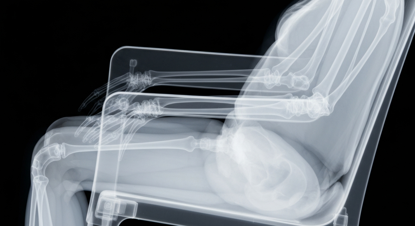 An extreme close-up X-ray photograph showing the internal structure of a plastic chair, with the faint outline of an elderly person's body sitting on it, conveying a sense of vulnerability and the fragility of the healthcare system.