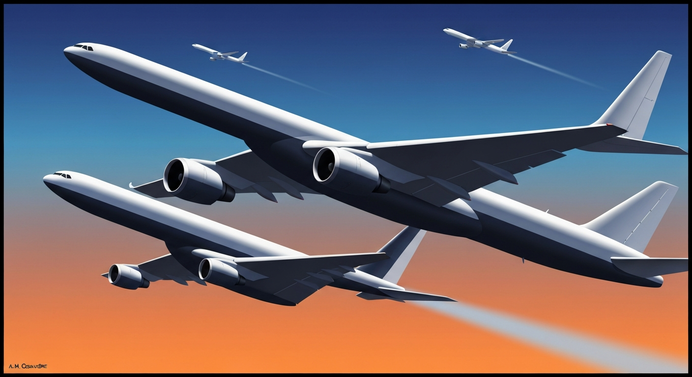 A highly stylized, geometric illustration in the Art Deco style, featuring sweeping, streamlined forms and airbrushed gradients that evoke the grand scale and technological prowess of the aviation industry, without any literal depiction of people, places, or text.