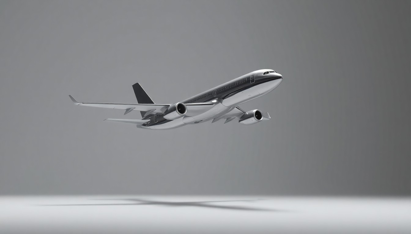 A photorealistic studio still life depicting a polished metal model of a commercial airliner suspended in mid-air against a clean, monochromatic grey background, conveying the abstract concepts of geopolitical tensions and the fragility of global air travel connectivity.