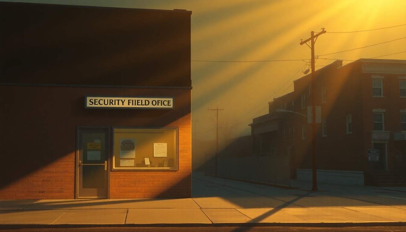 A serene, realistic painting of a Social Security field office in Brooklyn, with warm sunlight streaming through the windows and creating deep shadows on the exterior. The scene conveys a sense of quiet contemplation and community connection.