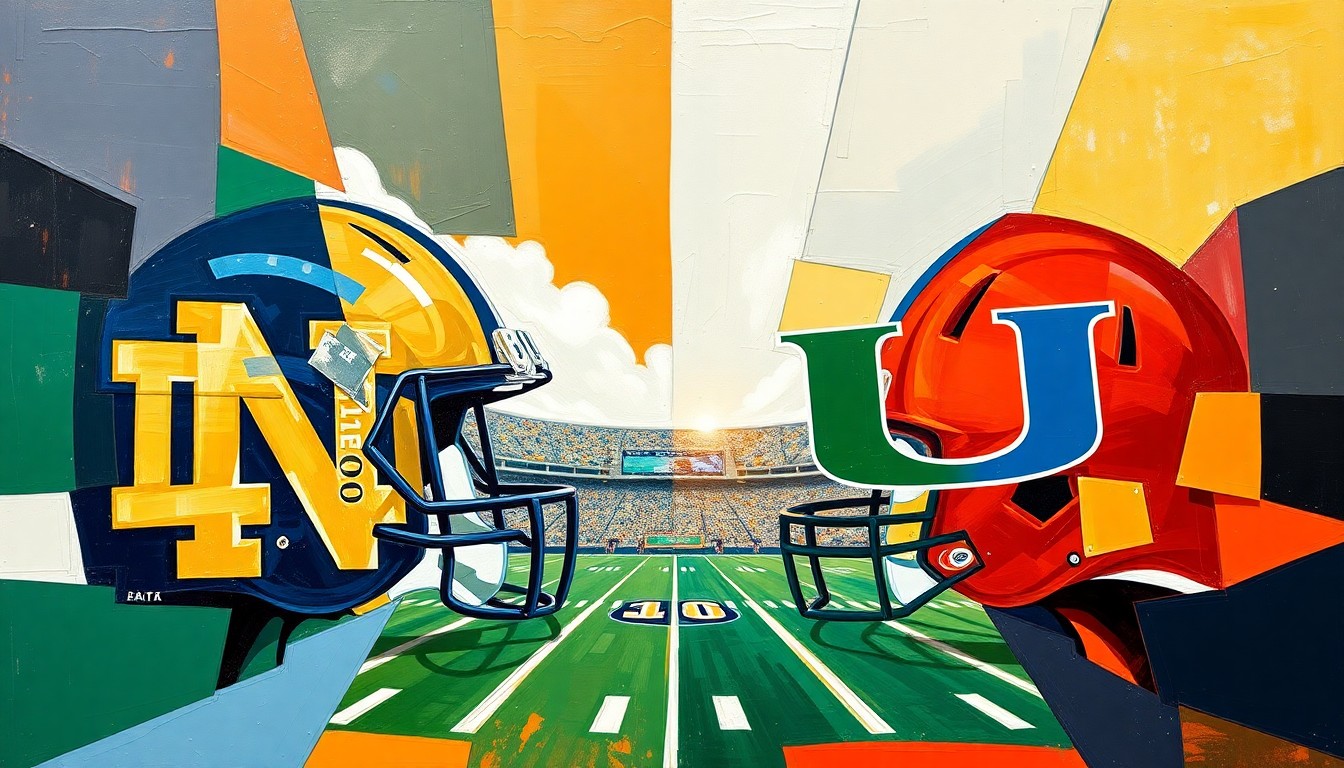 A fractured, geometric painting in the style of Pablo Picasso, breaking down a college football game into sharp, overlapping planes of navy blue, gold, orange, and green, conveying the raw energy and passion of the sport.