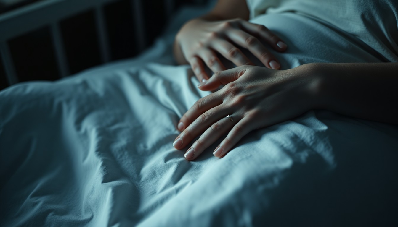 An extreme close-up photograph of a pregnant woman's hand resting on a hospital bed sheet, capturing the intimate, emotional moment between Kristen Bell and her father-in-law as he neared the end of his life.