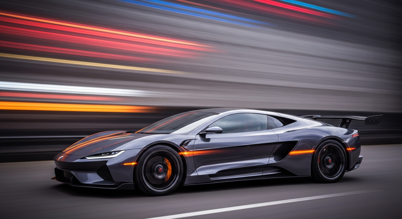 An abstract, blurred image of a high-speed electric supercar, conveying a sense of motion, power, and the future of automotive engineering.