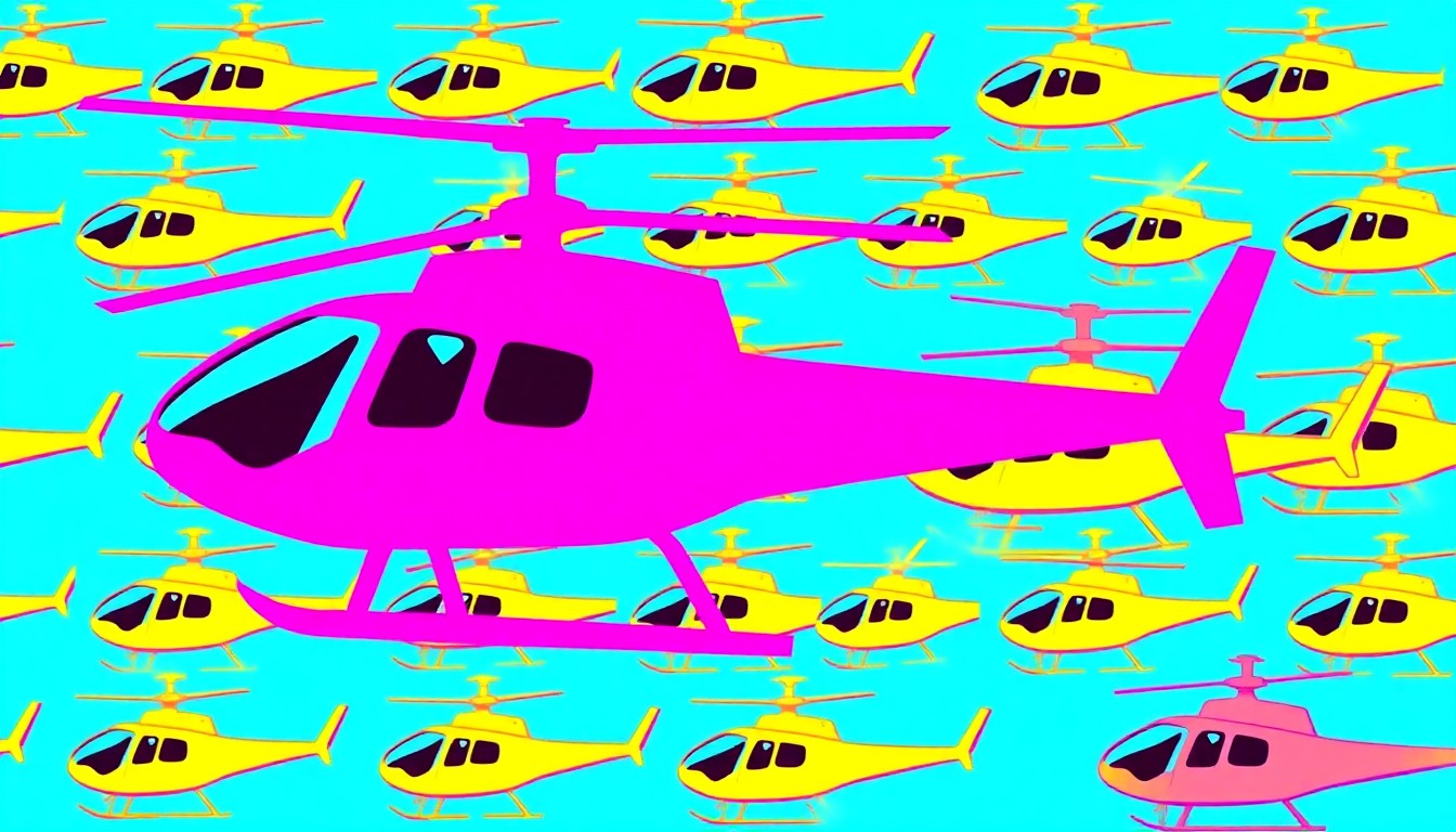 A highly stylized, abstract grid of helicopter icons rendered in bold, neon-bright colors, conceptually representing the conflict over private aircraft use in public spaces.