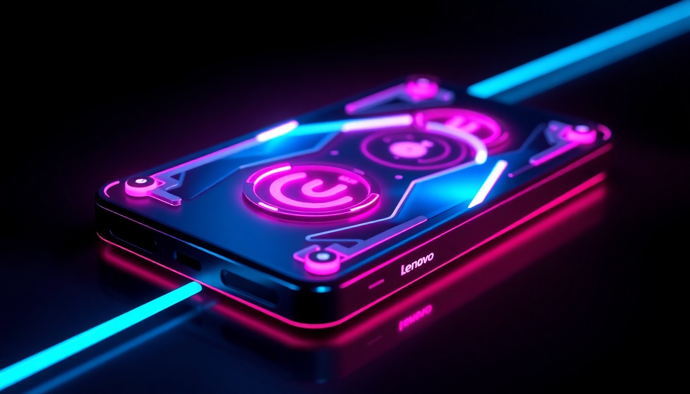 A close-up, highly detailed 3D illustration of a sleek, angular gaming phone with glowing neon blue and pink accents, representing the advanced technology and design of Lenovo's latest gaming device.