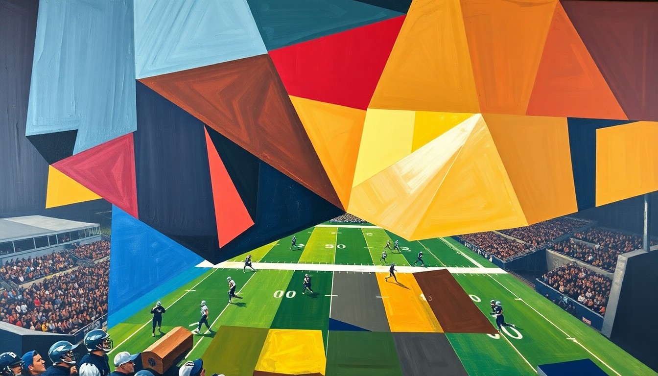 A cubist, geometric painting depicting a college football game, with overlapping planes of crimson, gold, and navy blue representing the dynamic action on the field.
