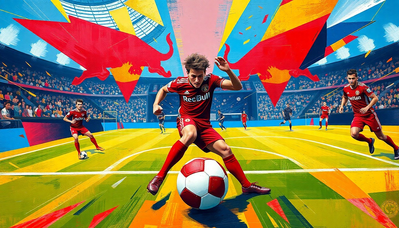 A fractured, cubist-style painting depicting the dynamic movements and energy of a soccer match between two teams, with overlapping geometric shapes and planes in bold colors representing the players and the ball's trajectory.