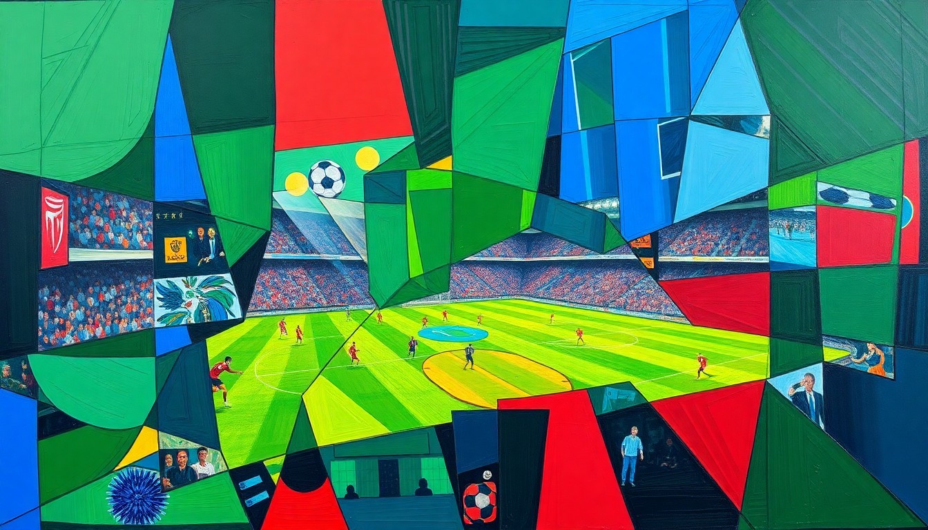 A cubist-style painting depicting a fragmented football game, with sharp geometric shapes in bright colors representing the various players and movements on the field.