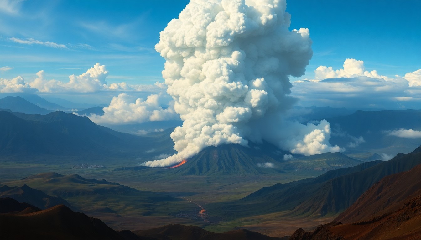 A vast, atmospheric landscape painting in muted tones of gray, blue, and brown, with a towering plume of smoke and ash rising from the center of the frame, dwarfing the surrounding terrain and conveying the overwhelming scale of the natural forces at work.