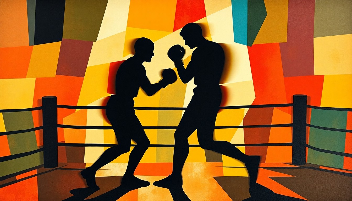 A dynamic, abstract painting depicting two blurred, overlapping figures in a boxing ring, their movements captured in a fractured, geometric style that evokes a sense of tension and confrontation.