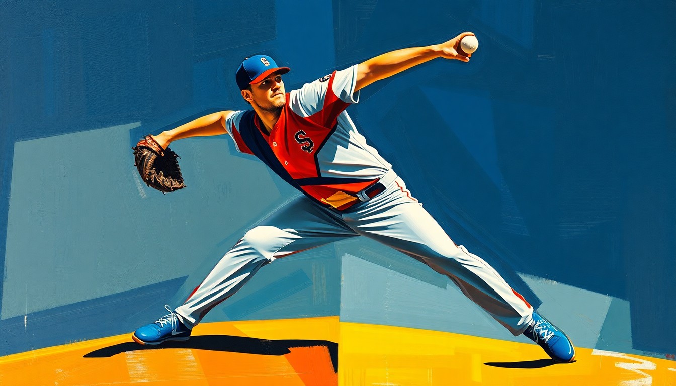 A fragmented, cubist-style painting depicting the motion of a baseball pitcher, with sharp geometric shapes in navy, red, and yellow, conveying the impact and significance of the Braves' signing of Greg Maddux.