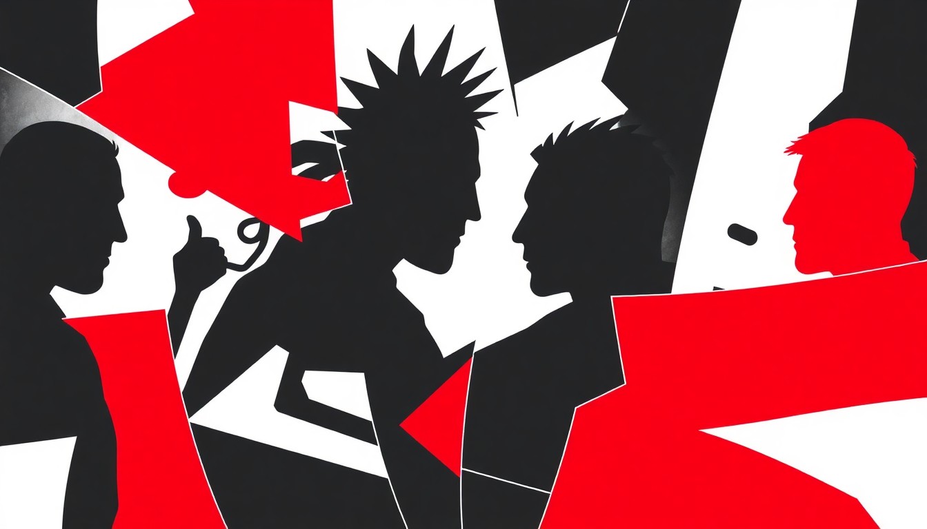 An abstract, geometric illustration using stark black silhouettes, jagged shapes, and high-contrast colors to conceptually represent the wrestling industry's struggles with diversity and inclusion.