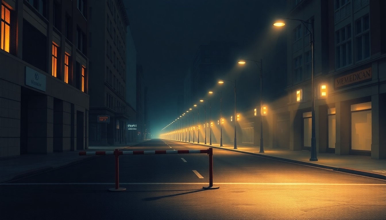 A cinematic painting of an empty city street at night, with a lone crowd control barrier standing solitary under warm streetlights, conveying a sense of quiet contemplation about the role of security measures in public spaces.