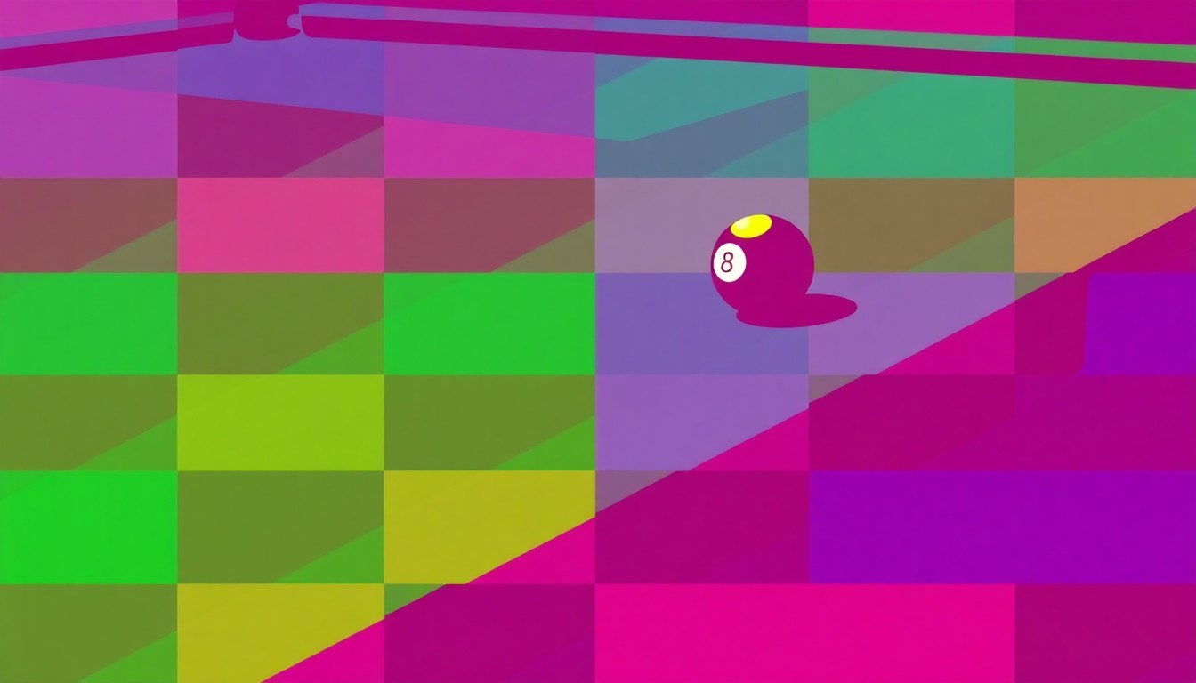 A bold, abstract silkscreen illustration featuring a repeated graphic of a pool table corner pocket in a grid of vibrant neon colors, conceptually representing the enduring appeal of pool in San Francisco's bar scene.