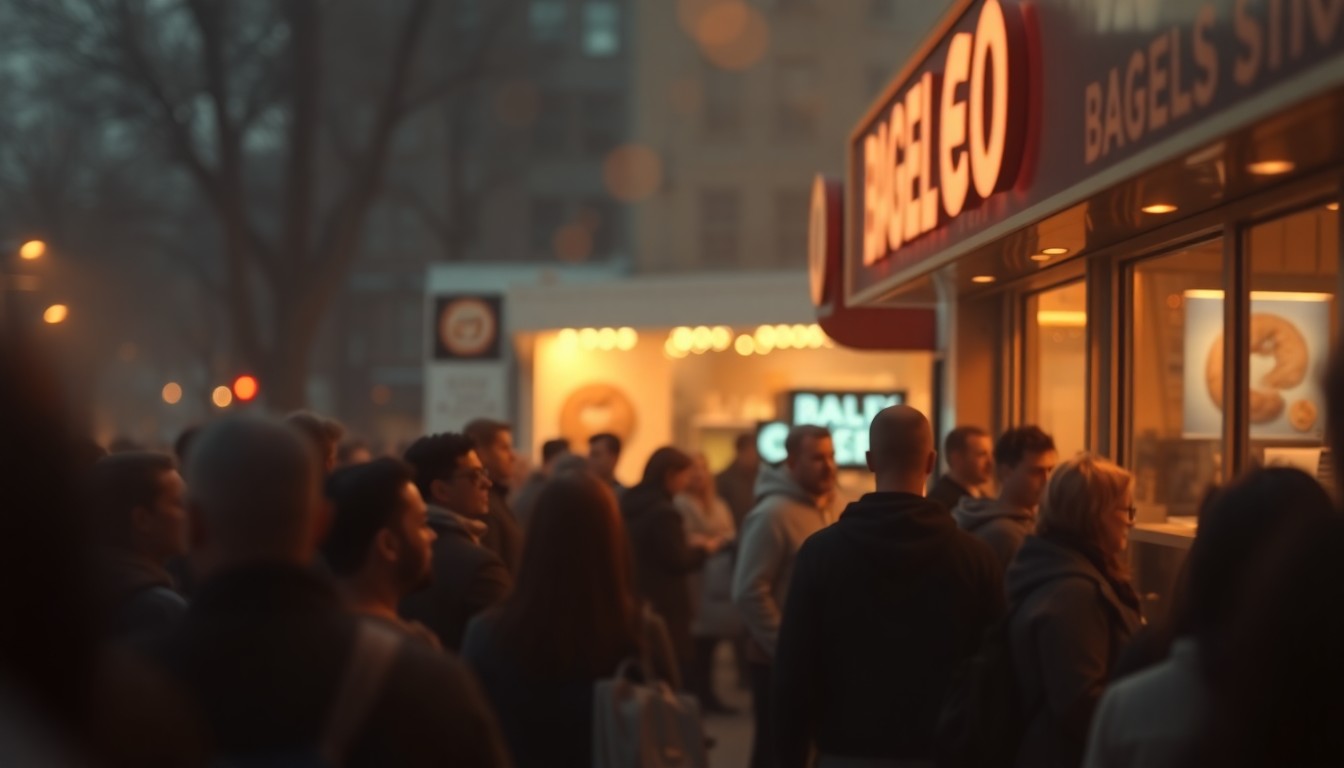 An extremely abstracted, out-of-focus photograph of a crowd of people waiting in line outside a storefront, with warm pools of soft light and color creating a dreamlike, atmospheric scene that captures the excitement and anticipation surrounding the debut of this innovative new bagel concept.