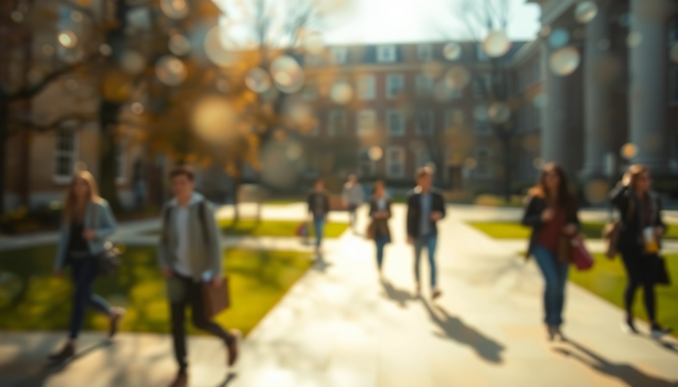 An impressionistic, out-of-focus scene of students walking across a university campus, with warm pools of sunlight and color creating a sense of energy and community.