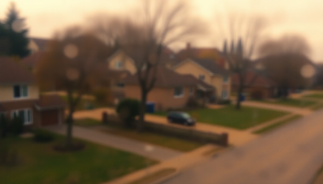 An abstract, impressionistic scene of a blurred residential neighborhood with houses and trees, conveying a sense of nostalgia and the passage of time.