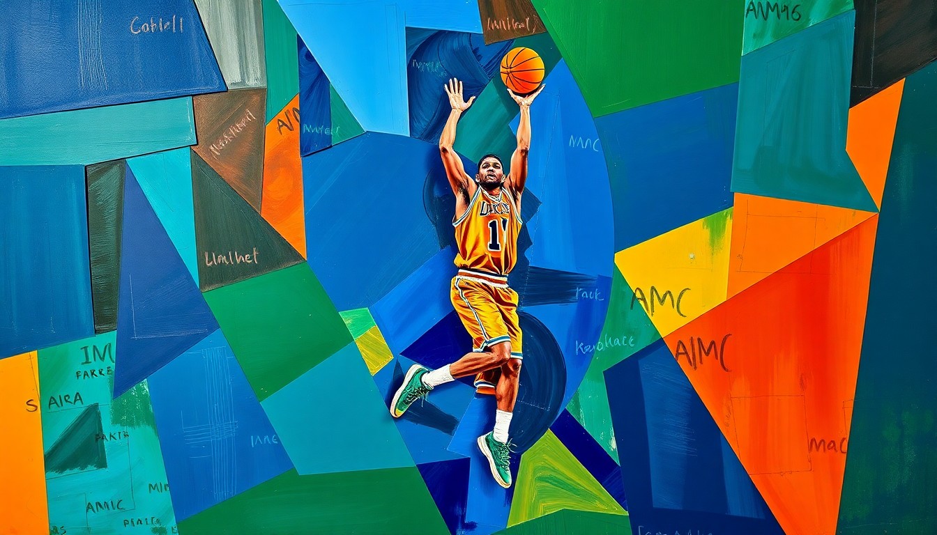 A cubist, geometric illustration depicting a basketball player's jump shot broken down into sharp, overlapping planes of navy blue, forest green, and burnt orange, capturing the dynamic movement and energy of the sport.