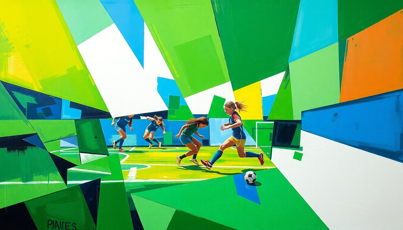 A fragmented, geometric painting in shades of green, blue, and white, depicting the motion and action of a high school girls soccer match in an abstract, cubist style.