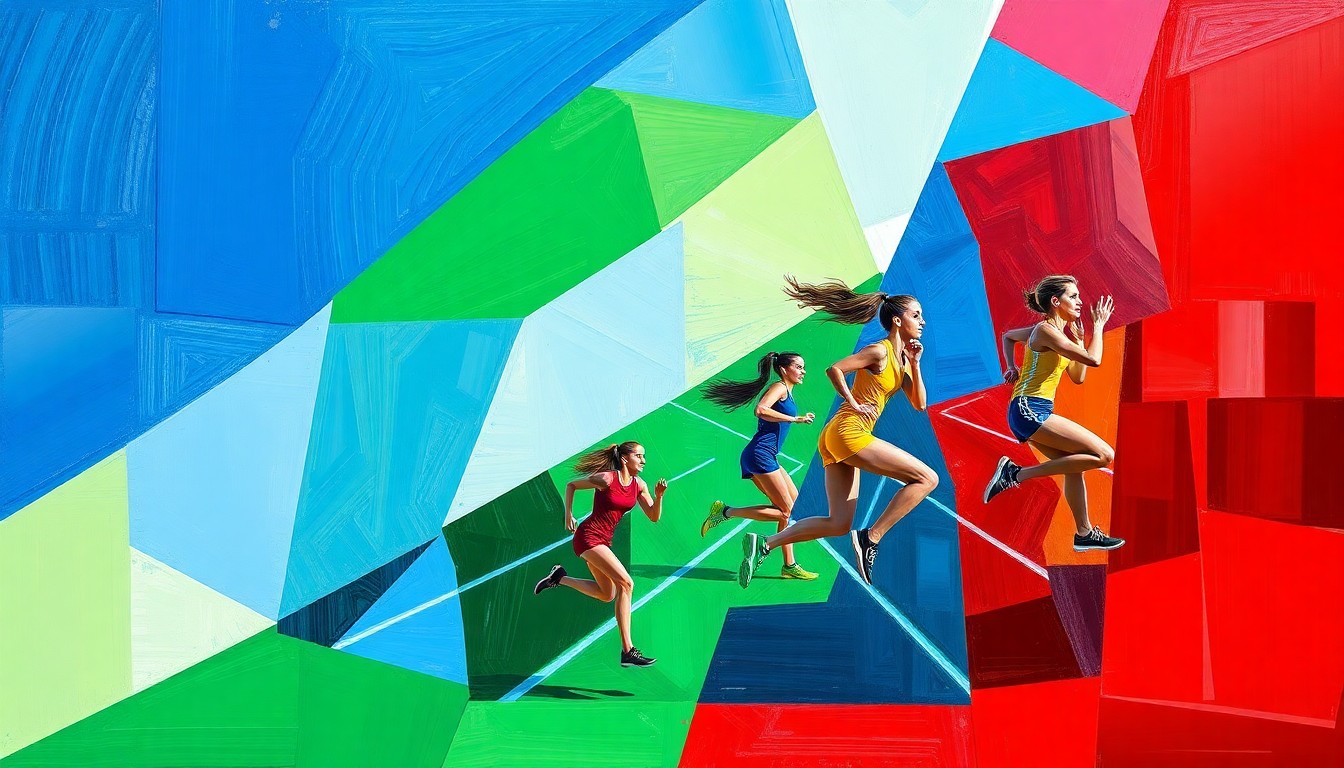 A cubist, geometric painting depicting the dynamic movements and competition of a girls track and field event, with sharp planes of color representing the athletes and their team uniforms.
