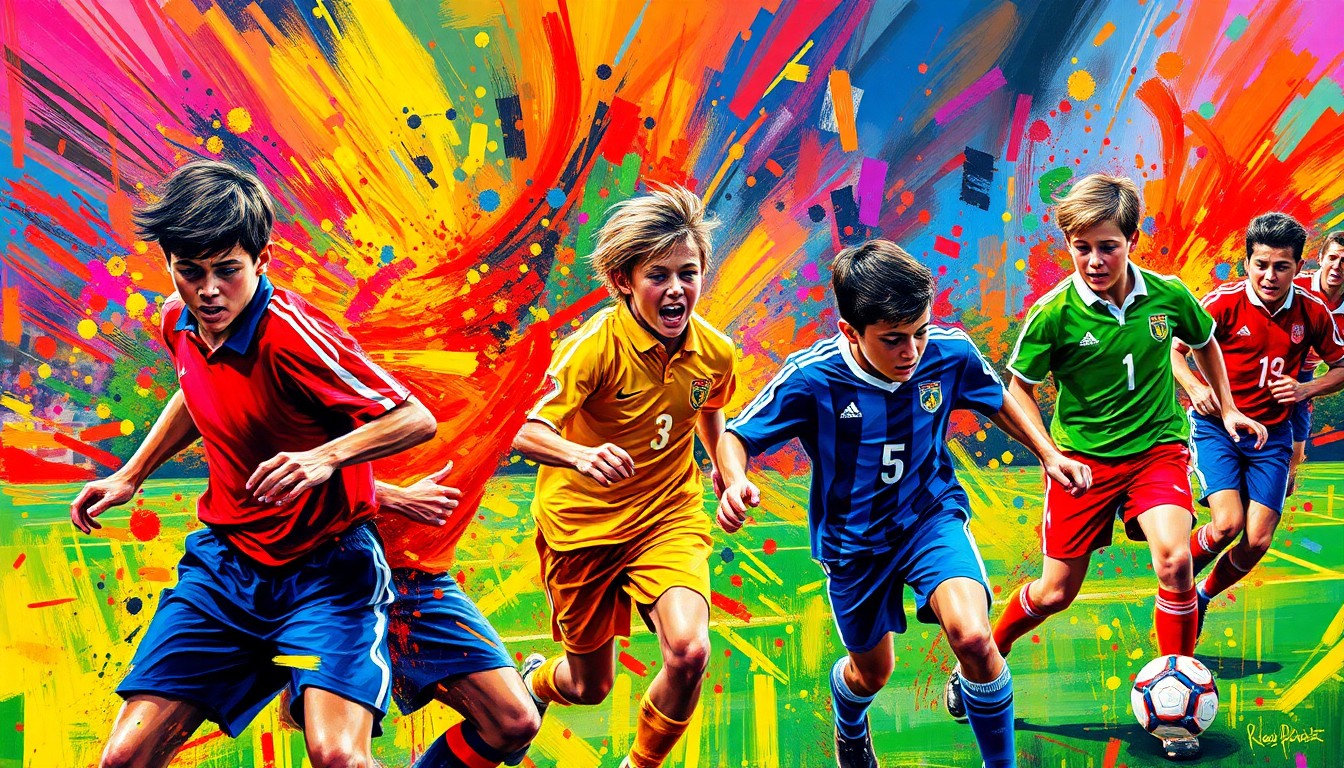 An abstract, energetic painting in neon colors depicting the motion and excitement of a youth soccer match, with players' forms blending into expressive brushstrokes.