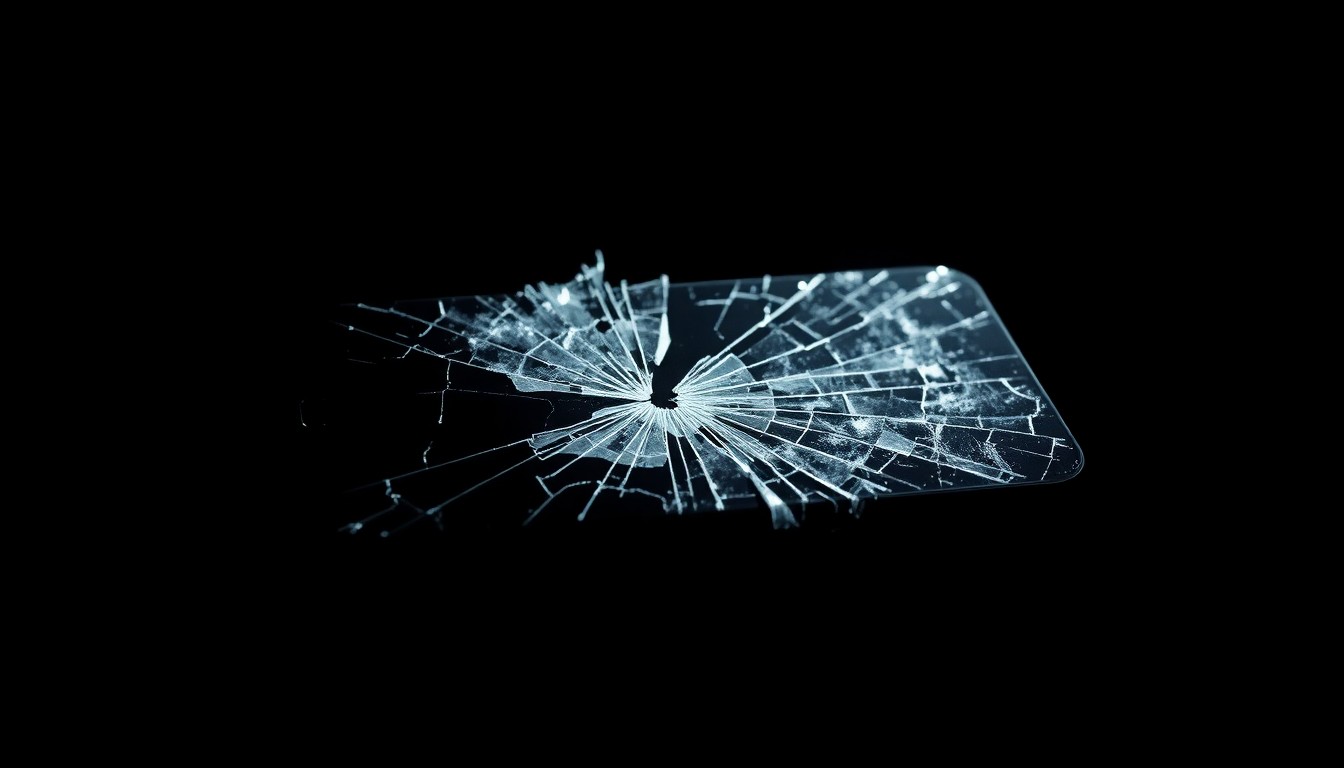An extreme close-up photograph of a shattered smartphone screen, the cracked glass and twisted metal conceptually representing the trauma experienced by the victim of an online predator.