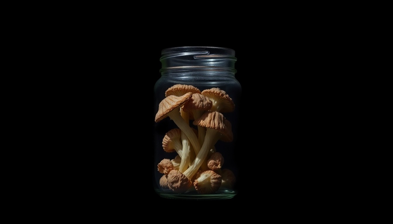 An extreme close-up photograph of a small glass jar containing dried psilocybin mushrooms, capturing the texture and material details in a stark, gritty, investigative aesthetic.